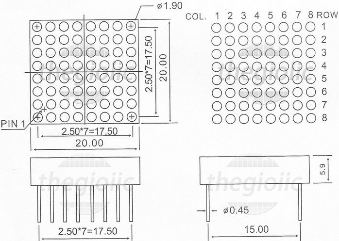 Led Matrix 8x8 Đỏ Dương Chung 1.9mm