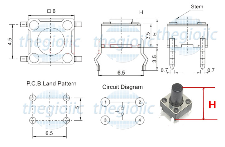 Nút Nhấn 6x6x12.5 4Pin Xuyên Lỗ