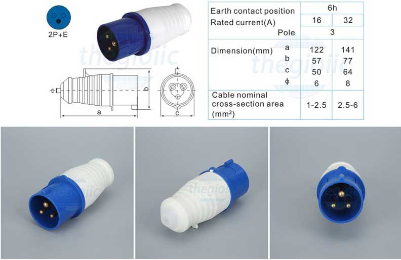 Phích Cắm Công Nghiệp 2P+E 16A 230VAC Xanh Dương