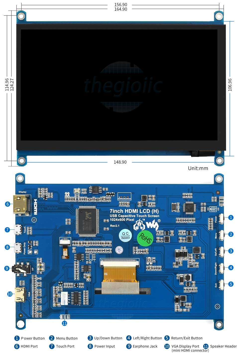 7inch HDMI LCD (H) 1024×600 IPS Cảm Ứng Điện Dung