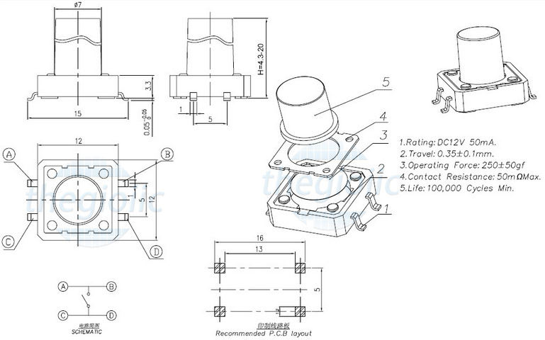 Nút Nhấn 12x12x13.0 4Pin SMD